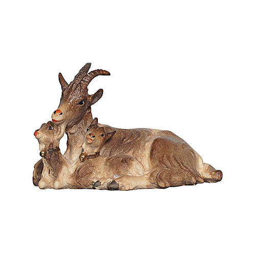 Chèvre couchée avec 2 chevreaux bois peint crèche Kostner 9,5 cm 1