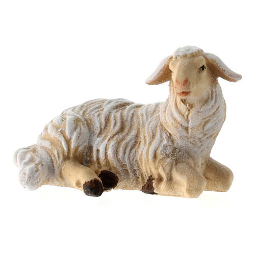 Lying sheep with head turned right in painted wood, Kostner Nativity scene 9.5 cm 1