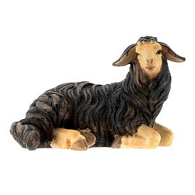 Black sheep lying with head turned right in painted wood, Kostner Nativity scene 9.5 cm