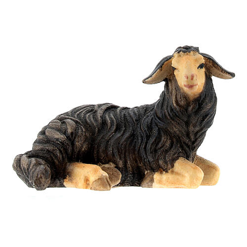 Black sheep lying with head turned right in painted wood, Kostner Nativity scene 9.5 cm 1