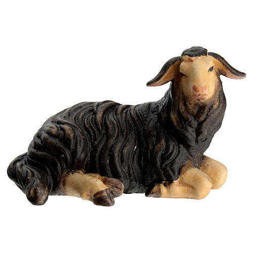 Black sheep lying with head turned right in painted wood, Kostner Nativity scene 12 cm 1
