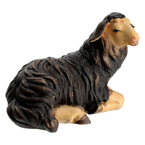 Mouton noir couché tête à droite bois peint crèche Kostner 12 cm 3