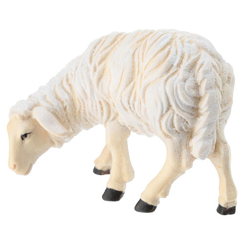Sheep eating with head turned left in painted wood, Kostner Nativity scene 12 cm 4