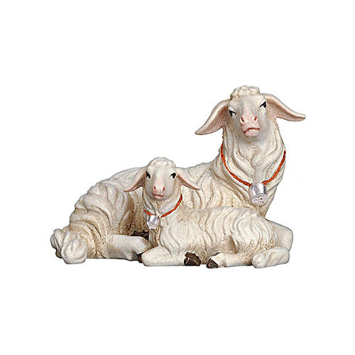 Liegenden Schaf und Lamm bemalten Grödnertalholz Krippe Kostner 9.5cm 1