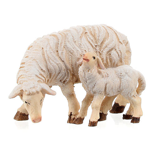 Schaf beim Weiden mit Lamm bemalten Gröderntalholz Krippe Kostner 9.5cm 2