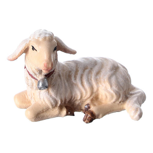 Agnello sdraiato testa a sinistra legno dipinto presepe Kostner 12 cm 1