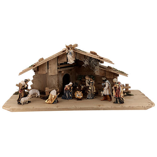 Hut with 13-piece set in painted wood Kostner Nativity Scene 12 cm 1