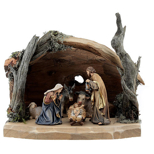 Hut in bark with set of 6 figurines in painted wood for Kostner Nativity Scene 9.5 cm 1