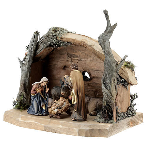 Bark stable with 6 pcs set 9.5 cm, nativity Kostner, in painted wood 3