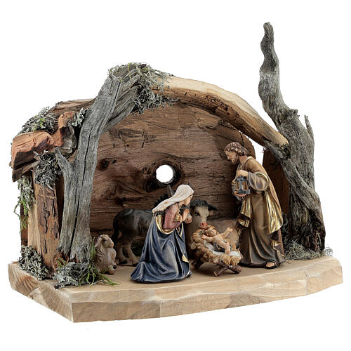 Bark stable with 6 pcs set 9.5 cm, nativity Kostner, in painted wood 4