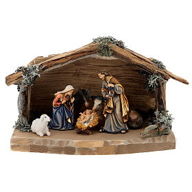 Hut in bark with set of 6 figurines in painted wood for Kostner Nativity Scene 12 cm