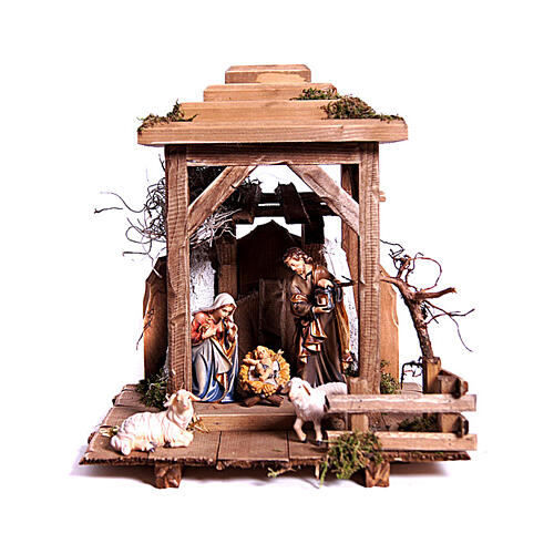 Kostner Nativity Scene 12 cm, Holy Family and stable lantern model, in painted wood 1