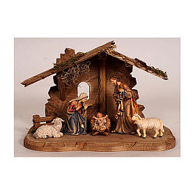 Cabaña Tirolesa y S. Familia set 5 piezas madera pintada belén Kostner 9,5 cm