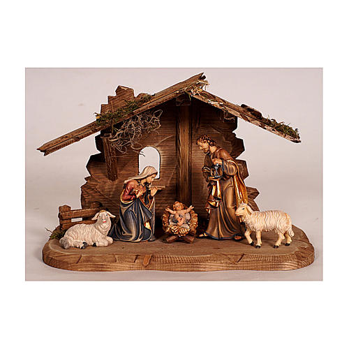 Cabaña Tirolesa y S. Familia set 5 piezas madera pintada belén Kostner 9,5 cm 1