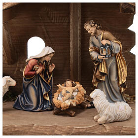 Tyrolean Hut and Holy Family 5-piece set in painted wood Kostner Nativity Scene 12 cm