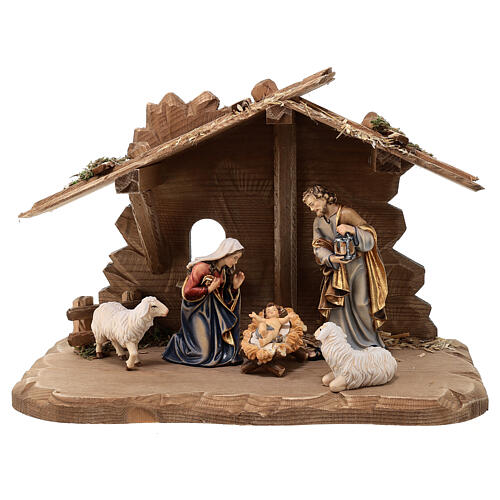 Tyrolean Hut and Holy Family 5-piece set in painted wood Kostner Nativity Scene 12 cm 1