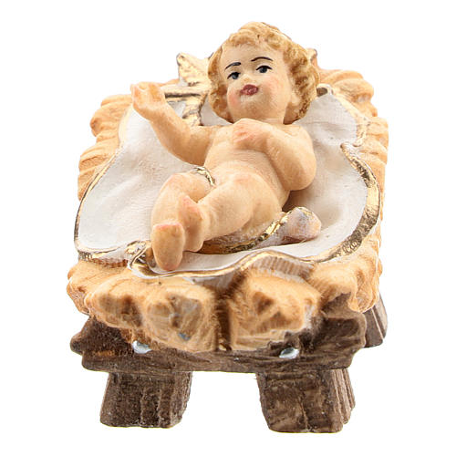Baby Jesus with manger in painted wood for 11 cm Rainell Nativity scene, Val Gardena 1