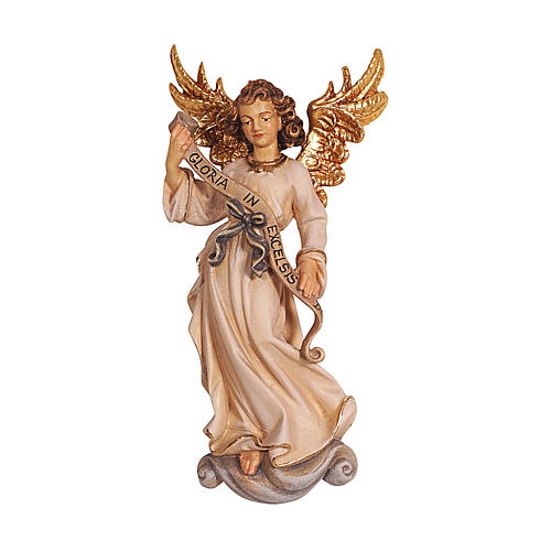 Angel with Gloria banner in painted wood for 9 cm Rainell Nativity scene, Val Gardena 1