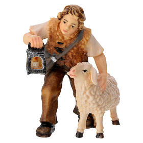 Boy with sheep in painted wood for 9 cm Rainell Nativity scene, Val Gardena