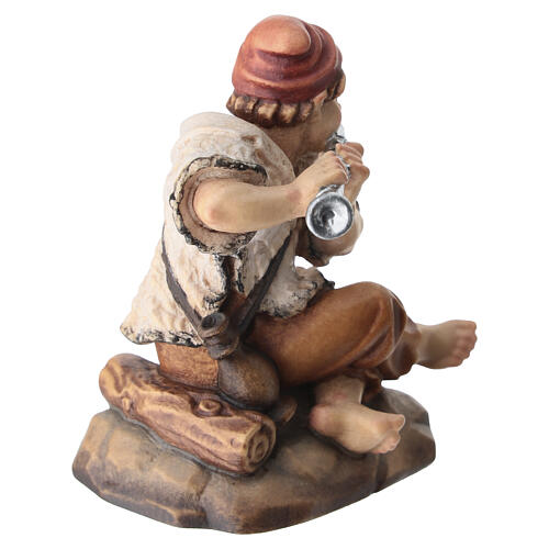 Boy sitting playing flute 11 cm, nativity Rainell, in painted Valgardena wood 6