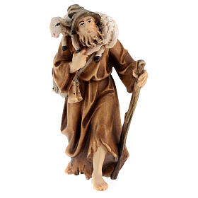 Shepherd with lamb in painted wood for 11 cm Rainell Nativity scene, Val Gardena