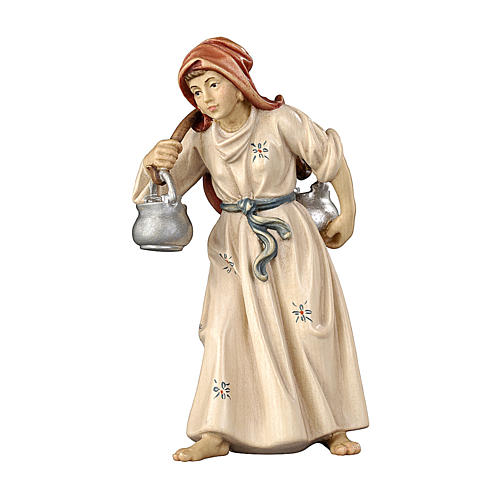 Mujer con jarra de madera pintada belén Rainell 11 cm Val Gardena 1