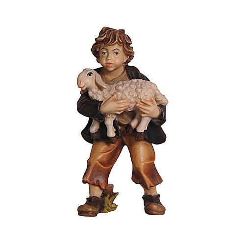Chłopczyk z jagnięciem z drewna malowanego szopka Rainell 9 cm Valgardena 1