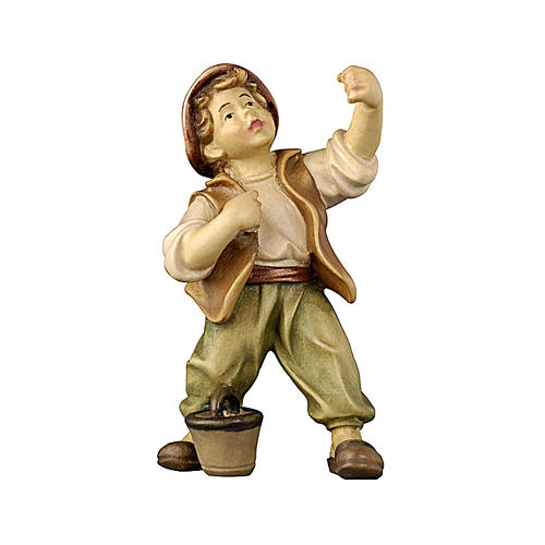 Boy with bucket in painted wood for 11 cm Rainell Nativity scene, Val Gardena 1