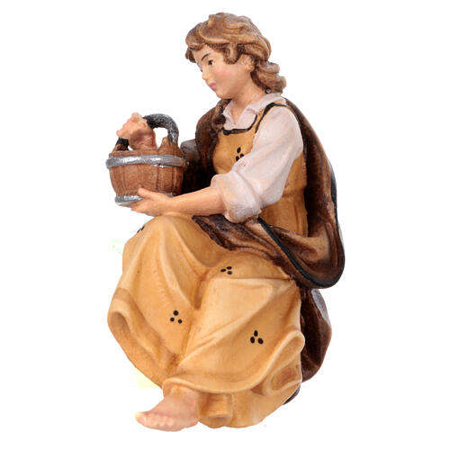 Girl with bucket in painted wood for 9 cm Rainell Nativity scene, Val Gardena 1