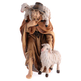 Shepherd with sheep in painted wood for 11 cm Rainell Nativity scene, Val Gardena