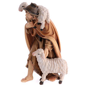 Shepherd with sheep in painted wood for 11 cm Rainell Nativity scene, Val Gardena