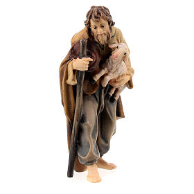 Shepherd with stick and lamb in painted wood for 9 cm Rainell Nativity scene, Val Gardena