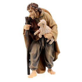 Shepherd with stick and lamb in painted wood for 9 cm Rainell Nativity scene, Val Gardena