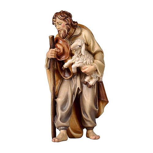 Pastor com bastão e cordeiro presépio madeira pintada Rainell Val Gardena com figuras altura média 11 cm 1