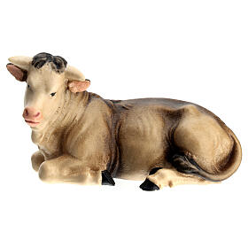 Lying ox in painted wood for 11 cm Rainell Nativity scene, Val Gardena