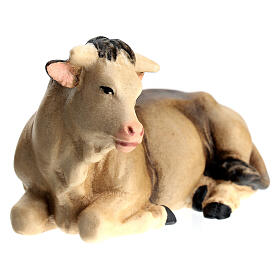 Lying ox in painted wood for 11 cm Rainell Nativity scene, Val Gardena