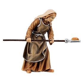 Woman with bread in painted wood for 9 cm Rainell Nativity scene, Val Gardena