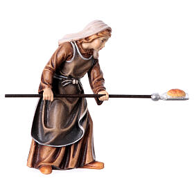 Woman with bread in painted wood for 11 cm Rainell Nativity scene, Val Gardena