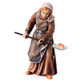 Woman with bread in painted wood for 11 cm Rainell Nativity scene, Val Gardena