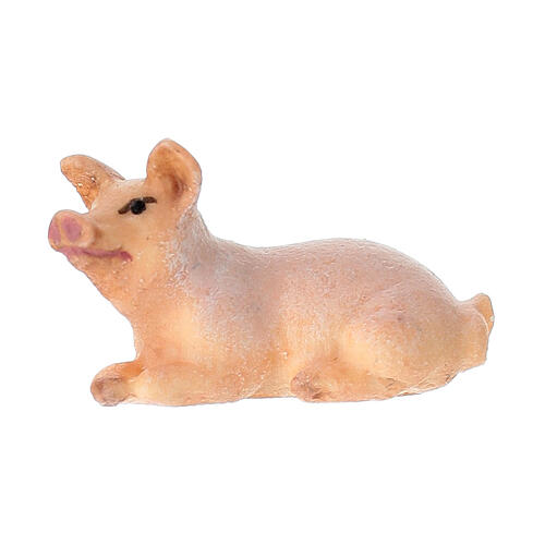 Cochon couché bois peint crèche Rainell 9 cm Val Gardena 1