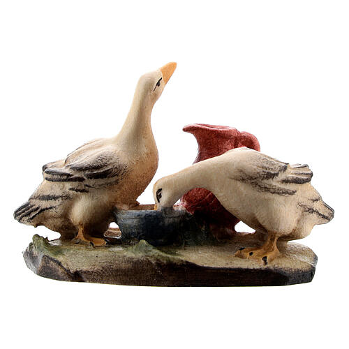 Geese with water bowl in painted wood for 9 cm Rainell Nativity scene, Val Gardena 2
