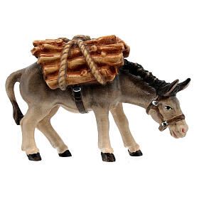 Asino con legna legno dipinto presepe Val Gardena Rainell 11 cm