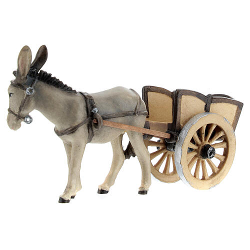 Donkey with pull cart, 9 cm nativity Rainell, in painted Valgardena wood 2