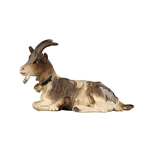 Goat lying down with bell, 9 cm nativity Rainell, in painted Valgardena wood 1