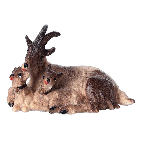 Chèvre couchée avec chevrettes bois peint crèche Rainell Val Gardena 9 cm 1