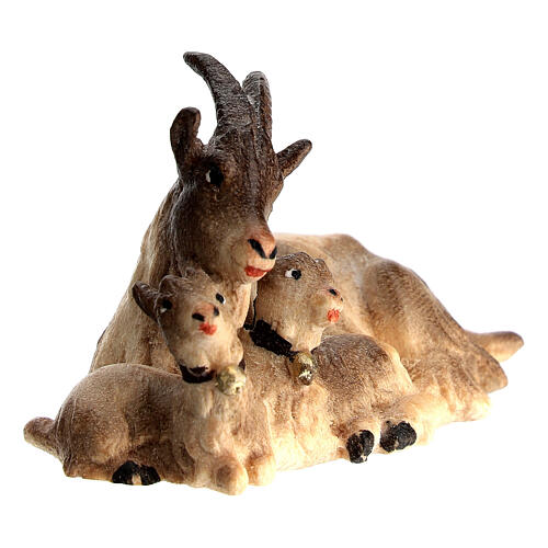 Capra sdraiata con caprette legno dipinto Val Gardena presepe Rainell 11 cm 2