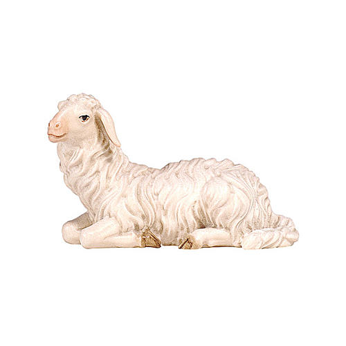 Lying sheep looking to its left in painted wood from Valgardena for Rainell Nativity Scene 9 cm 1