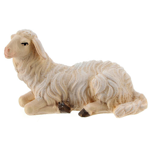 Lying sheep looking to its left in painted wood from Valgardena for Rainell Nativity Scene 11 cm 1
