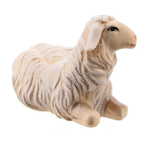 Lying sheep looking to its right in painted wood from Valgardena for Rainell Nativity Scene 9 cm 3