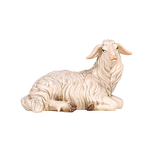 Lying sheep looking to its right in painted wood from Valgardena for Rainell Nativity Scene 11 cm 1
